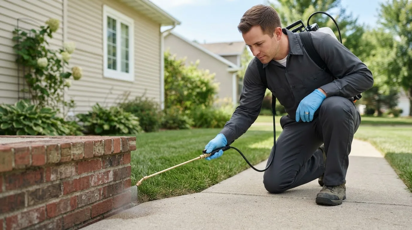 Pest control technician treating a home near Romeo, MI